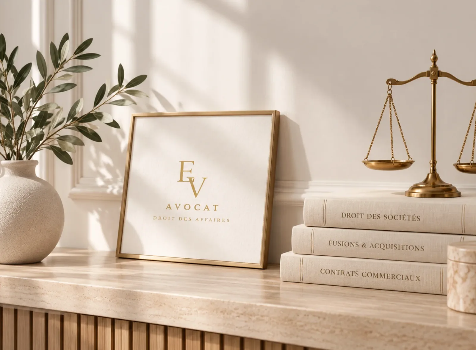 Cadre Emma Vignal avocat en droit des affaires, balance de la justice et ouvrages juridiques